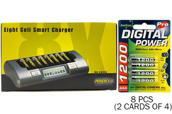 Powerex MH-C800S Eight Slot Smart Charger & 8 AAA NiMH AccuPower Micro Batteries (1200 mAh)