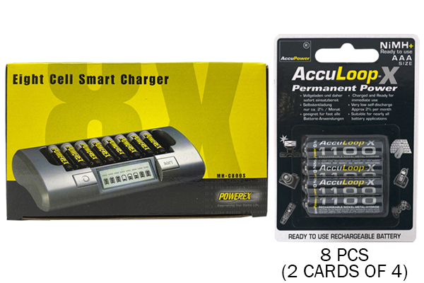 Powerex MH-C800S Eight Slot Smart Charger & 8 AAA AccuPower AccuLoop-X NiMH Batteries (1100 mAh)