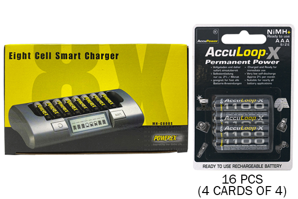 Powerex MH-C800S Eight Slot Smart Charger & 16 AAA AccuPower AccuLoop-X NiMH Batteries (1100 mAh)