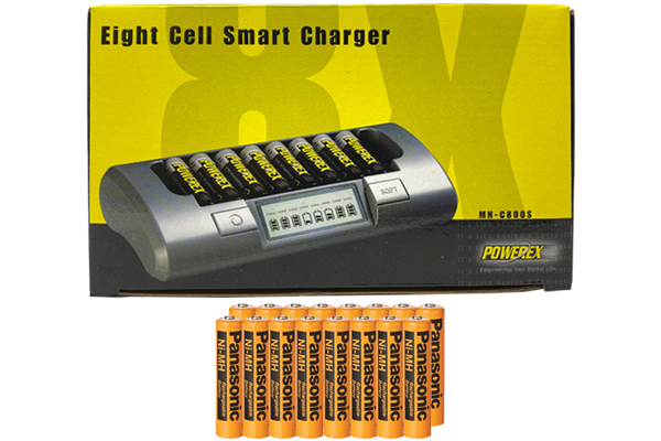 Powerex MH-C800S Eight Slot Smart Charger & 16 AAA Panasonic 750 mAh NiMH Rechargeable Batteries (Low Discharge)