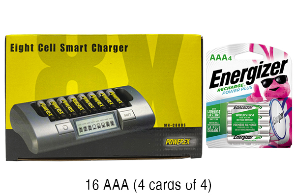 Powerex MH-C800S Eight Slot Smart Charger & 16 AAA NiMH Energizer 800 mAh Batteries (Low Discharge)