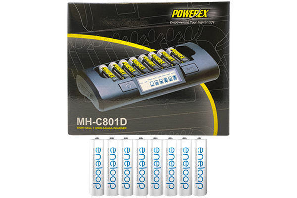 Powerex MH-C801D Eight Slot Smart Charger & 8 AA NiMH Panasonic (Sanyo) Eneloop Rechargeable Batteries (2000 mAh)