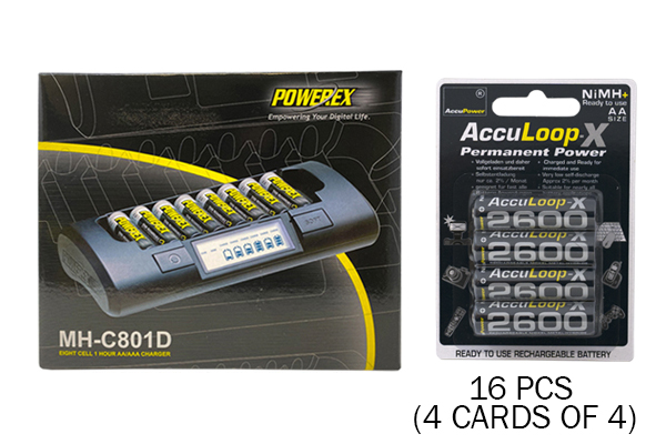 Powerex MH-C801D Eight Slot Smart Charger & 16 AA NiMH AccuPower AccuLoop-X Rechargeable Batteries (2600 mAh)