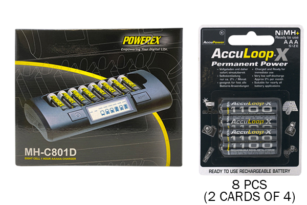 Powerex MH-C801D 8-Cell Charger & 8 AAA AccuPower AccuLoop-X NiMH Batteries (1100 mAh)
