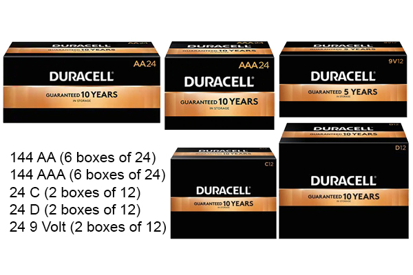 144 AA + 144 AAA + 24 C + 24 D + 24 9 Volt Duracell Coppertop Alkaline Battery Combo