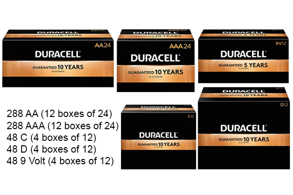 288 AA + 288 AAA + 48 C + 48 D + 48 9 Volt Duracell Coppertop Alkaline Battery Combo