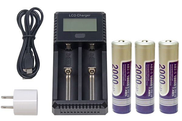2-Slot Fast Battery Charger + 3 x 18650 3.6 Volt 2000 mAh Li-Ion Batteries