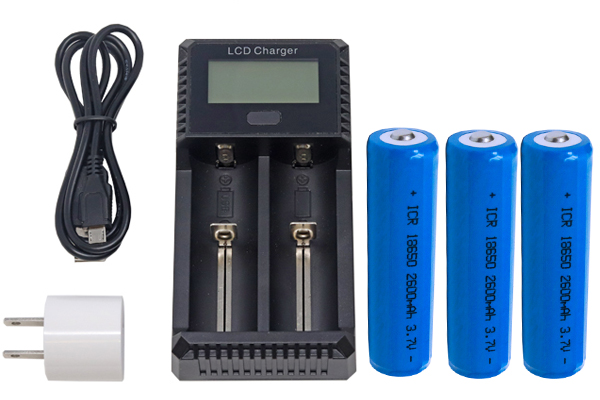 2-Slot Fast Battery Charger + 3 x 18650 3.6 Volt 2600 mAh Li-Ion Batteries