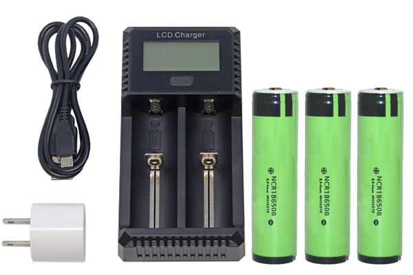 2-Slot Fast Battery Charger + 3 x 3.7 Volt Panasonic 18650 Lithium Ion Button Top Batteries (3400 mAh)