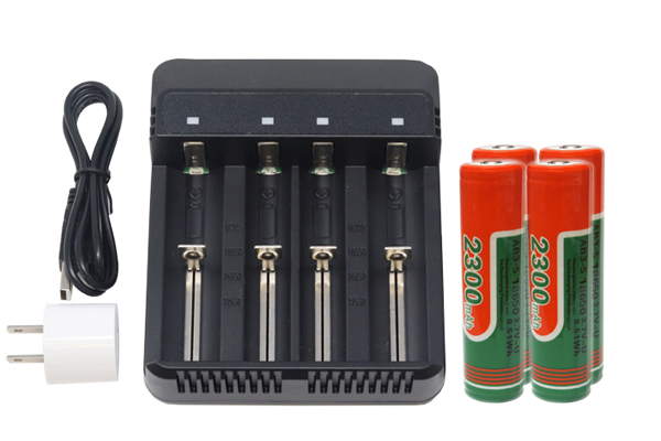 4-Slot Li-ion Battery Charger + 4 x 18650 3.6V Li-Ion Button Top Batteries (2300 mAh)