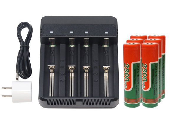 4-Slot Li-ion Battery Charger + 6 x 18650 3.6V Li-Ion Button Top Batteries (2300 mAh)