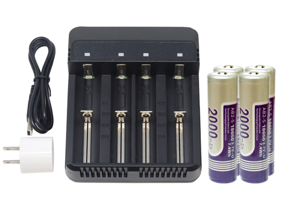 4-Slot Li-ion Battery Charger + 4 x 18650 3.6 Volt 2000 mAh Li-Ion Batteries