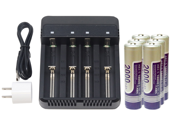 4-Slot Li-ion Battery Charger + 6 x 18650 3.6 Volt 2000 mAh Li-Ion Batteries