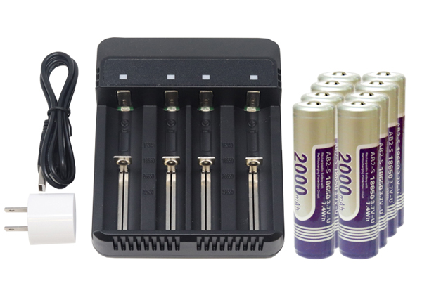 4-Slot Li-ion Battery Charger + 8 x 18650 3.6 Volt 2000 mAh Li-Ion Batteries