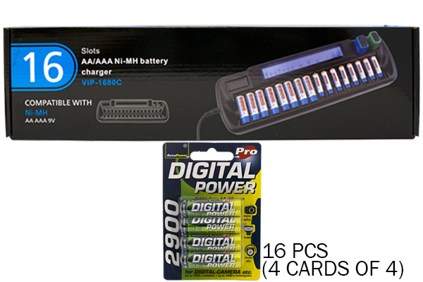 16 Bay AA / AAA LCD Battery Charger + 16 AA 2900 mAh AccuPower NiMH Batteries