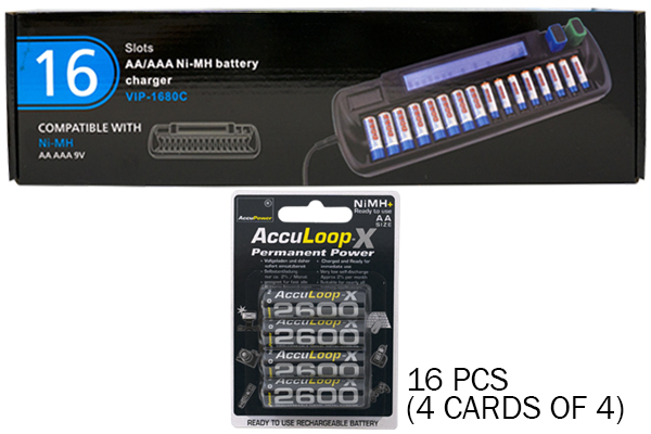 16 Bay AA / AAA LCD Battery Charger + 16 AA 2600 mAh AccuLoop-X NiMH Batteries