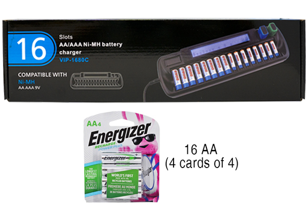 16 Bay AA / AAA LCD Battery Charger + 16 AA 2300 mAh Energizer NiMH Batteries