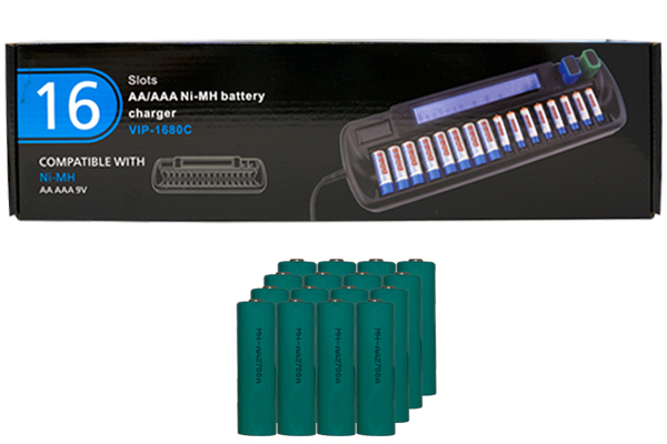 16 Bay AA / AAA LCD Battery Charger + 16 AA 2700 mAh NiMH Batteries