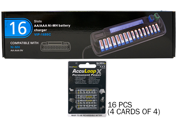 16 Bay AA / AAA LCD Battery Charger + 16 AAA 1100 mAh Acculoop-X NiMH Batteries
