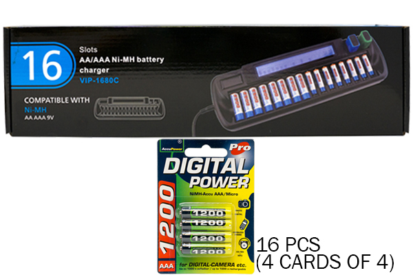 16 Bay AA / AAA LCD Battery Charger + 16 AAA 1200 mAh AccuPower NiMH Batteries