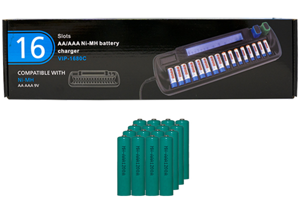 16 Bay AA / AAA LCD Battery Charger + 16 AAA 1200 mAh NiMH Batteries
