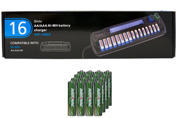 16 Bay AA / AAA LCD Battery Charger + 16 AAA 750 mAh Rayovac NiMH Batteries