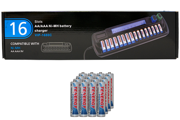 16 Bay AA / AAA LCD Battery Charger + 16 AAA 1000 mAh Tenergy NiMH Batteries