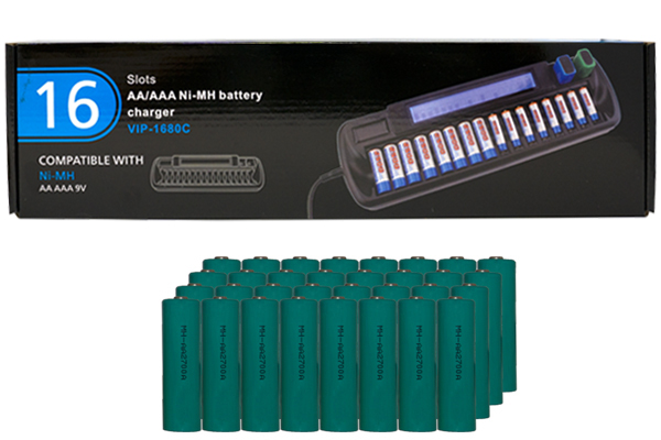 16 Bay AA / AAA LCD Battery Charger + 32 AA 2700 mAh NiMH Batteries