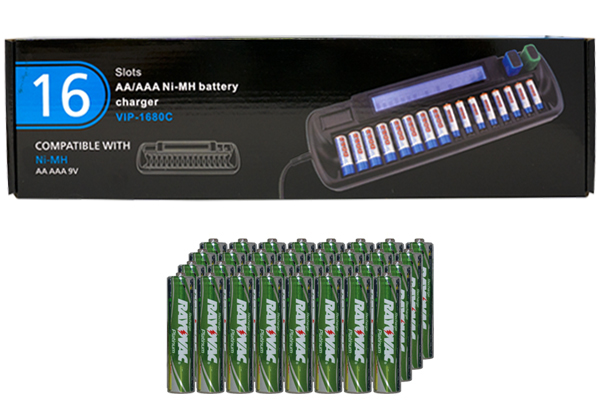 16 Bay AA / AAA LCD Battery Charger + 32 AAA 750 mAh Rayovac NiMH Batteries