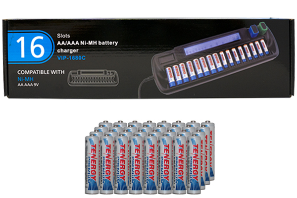 16 Bay AA / AAA LCD Battery Charger + 32 AAA 1000 mAh Tenergy NiMH Batteries