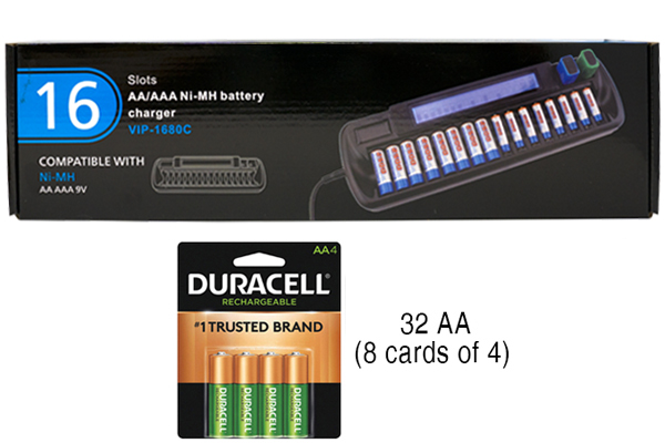 16 Bay AA / AAA LCD Battery Charger + 32 AA 2500 mAh Duracell NiMH Batteries