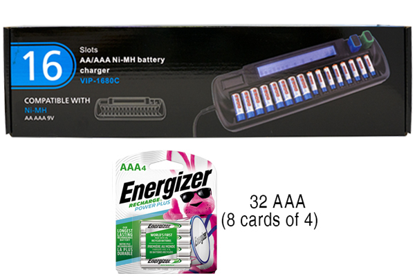 16 Bay AA / AAA LCD Battery Charger + 32 AAA 800 mAh Energizer Rechargeable Batteries