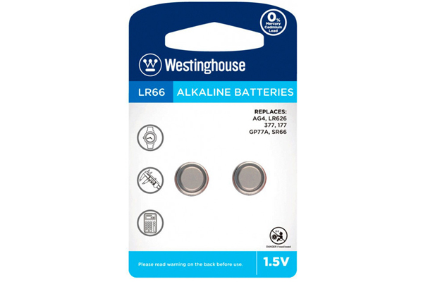 LR66 / AG4 Westinghouse Alkaline Button Batteries (2 Pack)