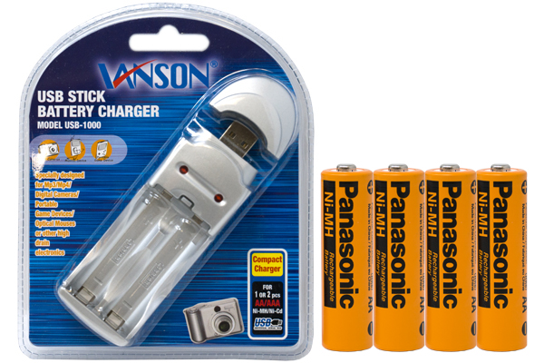 AA / AAA USB Battery Charger + 4 AA (2000 mAh) Panasonic NiMH Batteries