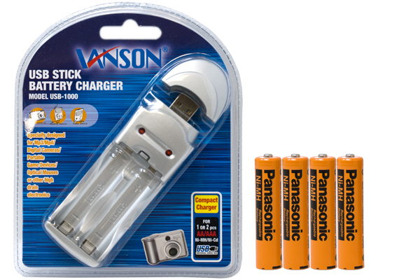 AA / AAA USB Battery Charger + 4 AAA (750 mAh) Panasonic NiMH Batteries