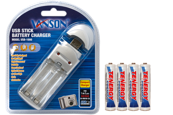 AA / AAA USB Battery Charger + 4 AAA (1000 mAh) Tenergy NiMH Batteries