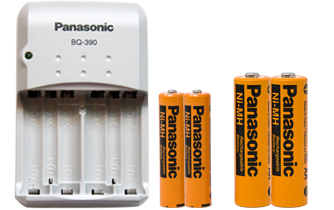 Panasonic BQ-390 AA/AAA Charger + 2 AA (2000mAh) + 2 AAA (750mAh) NiMH Panasonic Rechargeable Batteries