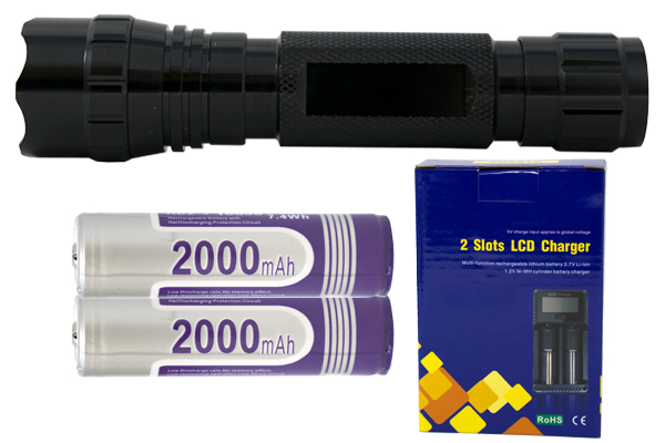 Tactical Cree XM-L2 LED - 900 Lumens Flashlight (S03) + 2 x 18650 2000mAh Rechargeable Battery + Charger