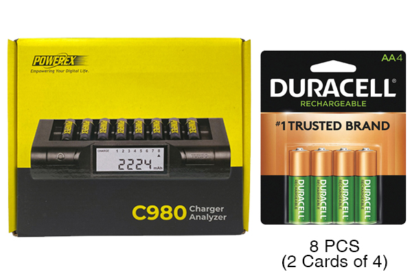 Powerex C980 Smart Charger & 8 AA Duracell Rechargeable (DX1500) Batteries (2500 mAh)