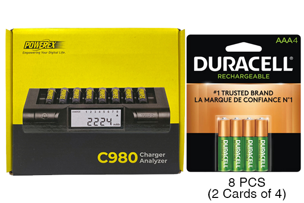 Powerex C980 Smart Charger & 8 AAA Duracell Rechargeable (DX2400) Batteries (900 mAh)