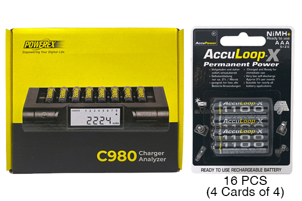 Powerex C980 Smart Charger & 16 AAA AccuPower AccuLoop-X NiMH Batteries (1100 mAh)