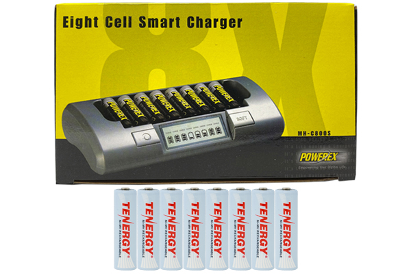 Powerex MH-C800S Eight Slot Smart Charger & 8 AA Tenergy NiMH Rechargeable Batteries (2500 mAh)