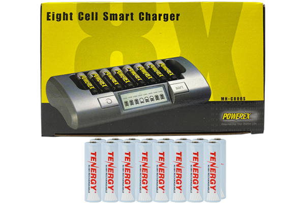 Powerex MH-C800S Eight Slot Smart Charger & 16 AA Tenergy NiMH Rechargeable Batteries (2500 mAh)