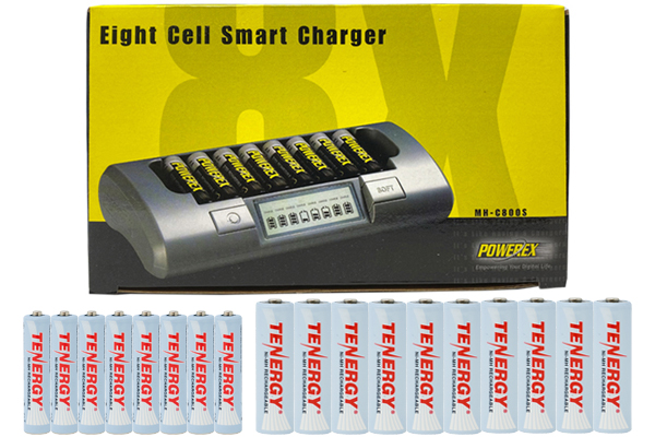 Powerex MH-C800S Eight Slot Smart Charger + 8 AA (2500 mAh) + 8 AAA (1000 mAh) Tenergy NiMH Rechargeable Batteries
