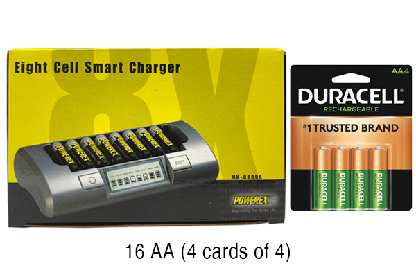 Powerex MH-C800S Eight Slot Smart Charger & 16 AA Duracell Rechargeable (DX1500) Batteries (2500 mAh)