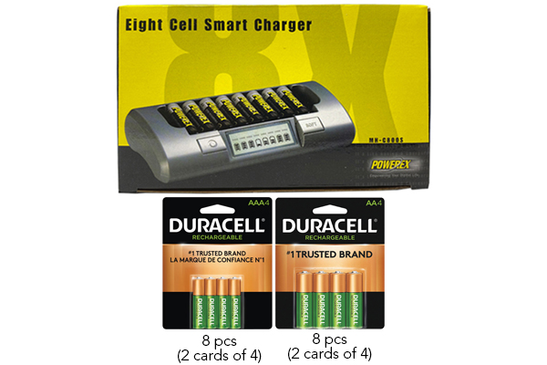 Powerex MH-C800S Eight Slot Smart Charger & 8 AAA (900 mAh) + 8 AA (2500 mAh) Duracell Rechargeable Batteries