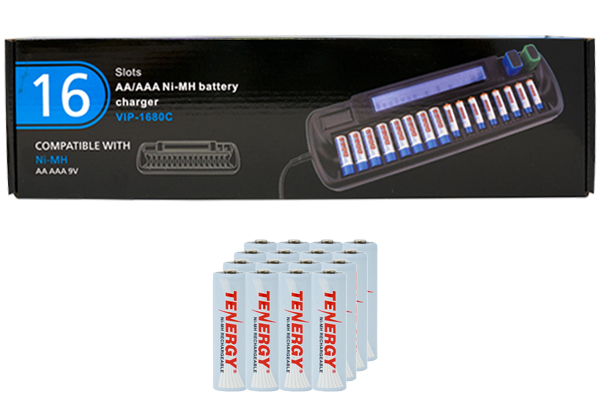 16 Bay AA / AAA LCD Battery Charger + 16 AA Tenergy NiMH Rechargeable Batteries (2500 mAh)