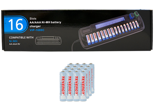16 Bay AA / AAA LCD Battery Charger + 16 AAA Tenergy NiMH Rechargeable Batteries (1000 mAh)