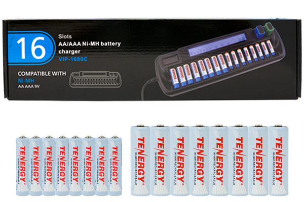 16 Bay AA / AAA LCD Battery Charger + 8 AAA (1000 mAh) + 8 AA (2500 mAh) Tenergy NiMH Rechargeable Batteries
