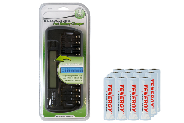 12 Bay AA / AAA LCD Battery Charger + 12 AA Tenergy NiMH Rechargeable Batteries (2500 mAh)